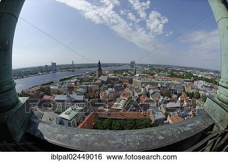 Stock Photograph - "Fisheye shot, cityscape, Daugava, Riga Cathedral, historic town centre, Riga, Latvia, Europe". Fotosearch