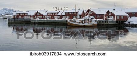 Picture - "Fishing boat moored in the harbor of Svolvaer Vagan, Lofoten, Norway, Europe". Fotosearch