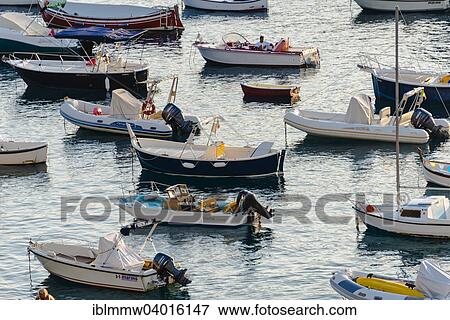 Stock Photo - "Fishing boats and inflatables in the sea, Sestri Levante, Liguria, Italy, Europe". Fotosearch