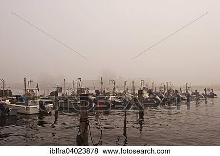 Stock Photo - "Fishing boats in the fishing port of Goro, Delta del Po, Po Delta, Ferrara, Emilia Romagna, Italy, Europe". Fotosearch