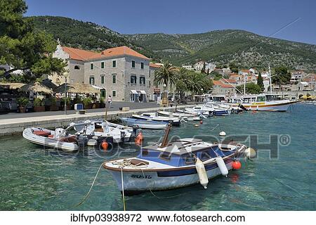 Stock Image - "Fishing boats in the harbour, Bol, Island of Brac, Dalmatia, Croatia, Europe". Fotosearch