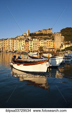 "Fishing boats in the harbour in front of the historic town centre of Porto Venere, UNESCO World Cultural Heritage Site, Porto Venere, Cinque Terre, Liguria, Italy, Europe" View Large Photo Image Picture - "Fishing boats in the harbour in front of the historic town centre of Porto Venere, UNESCO World Cultural Heritage Site, Porto Venere, Cinque Terre, Liguria, Italy, Europe". Fotosearch