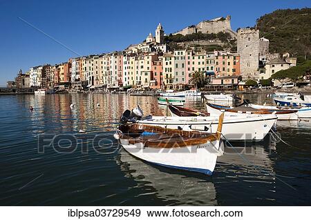 "Fishing boats in the harbour in front of the historic town centre of Porto Venere, UNESCO World Cultural Heritage Site, Porto Venere, Cinque Terre, Liguria, Italy, Europe" View Large Photo Image Stock Photo - "Fishing boats in the harbour in front of the historic town centre of Porto Venere, UNESCO World Cultural Heritage Site, Porto Venere, Cinque Terre, Liguria, Italy, Europe". Fotosearch