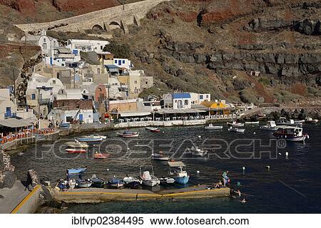 Stock Photography - "Fishing boats in the harbour of Ammoudi, near Oia, Santorini, Cyclades, Greek Islands, Greece, Europe". Fotosearch