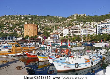 Stock Photography - "Fishing port and Kizil Kule, Red Tower, Alanya, Turkish Riviera, Province of Antalya, Mediterranean Region, Turkey, Asia". Fotosearch