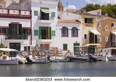 Stock Image - "Fishing port of Porto Colom, Majorca, Balearic Islands, Mediterranean Sea, Spain, Europe". Fotosearch