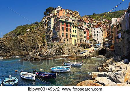 Stock Image - "Fishing port of Riomaggiore, Cinque Terre National Park, Liguria, Italy, Europe". Fotosearch
