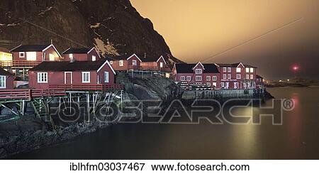 "Fishing village with red cottages by the sea, night scene, A, Lofoten, Nordland, Northern Norway, Norway, Europe" View Large Photo Image Stock Photo - "Fishing village with red cottages by the sea, night scene, A, Lofoten, Nordland, Northern Norway, Norway, Europe". Fotosearch
