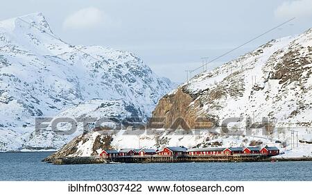 "Fishing village with red cottages beside ae fjord in front of snow-covered mountains, Moskenesoy, Lofoten, Nordland, Northern Norway, Norway, Europe" View Large Photo Image Stock Image - "Fishing village with red cottages beside ae fjord in front of snow-covered mountains, Moskenesoy, Lofoten, Nordland, Northern Norway, Norway, Europe". Fotosearch