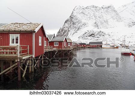 "Fishing village with red cottages beside a fjord in winter, Reine, Lofoten, Nordland, Northern Norway, Norway, Europe" View Large Photo Image Stock Photograph - "Fishing village with red cottages beside a fjord in winter, Reine, Lofoten, Nordland, Northern Norway, Norway, Europe". Fotosearch