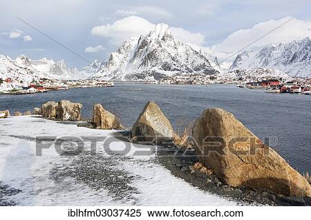 "Fishing village with red cottages beside a fjord in winter, Reine, Lofoten, Nordland, Northern Norway, Norway, Europe" View Large Photo Image Stock Photography - "Fishing village with red cottages beside a fjord in winter, Reine, Lofoten, Nordland, Northern Norway, Norway, Europe". Fotosearch
