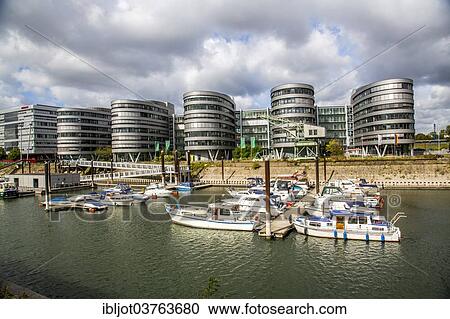 Stock Image - "Five Boats office building, marina, Innenhafen, Duisburg, Ruhr district, North Rhine-Westphalia, Germany, Europe". Fotosearch