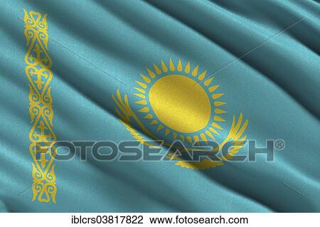 Stock Image - Flag of Kazakhstan waving in the wind. Fotosearch