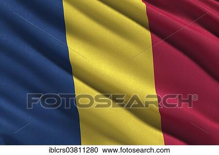 Stock Image - Flag of the Republic of Chad waving in the wind. Fotosearch