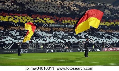 Stock Image - "Flag wavers before the start of the game, choreography, Grundig Stadion, Nuremberg, Bavaria, Germany, Europe". Fotosearch