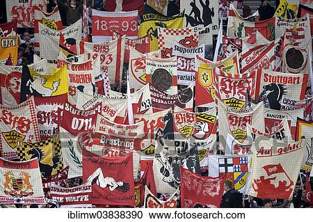 Stock Image - "Flags, VfB Stuttgart fan curve, Mercedes-Benz Arena, Stuttgart, Baden-Wurttemberg, Germany, Europe". Fotosearch