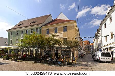 Stock Photograph - "Fleischerstrasse street, """"Zur Altstadt"""" cafe, Meissen, Saxony, Germany, Europe". Fotosearch