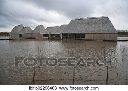 Stock Image - "Floating visitor centre at new nature reserve, Brockholes, Preston, Lancashire, England, United Kingdom, Europe". Fotosearch