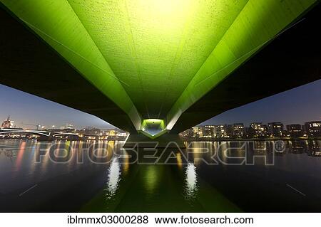 Stock Photo - "Floesserbruecke bridge, skyline of Frankfurt with the Weseler shipyard at night, Sachsenhausen, Frankfurt am Main, Hesse, Germany, Europe". Fotosearch