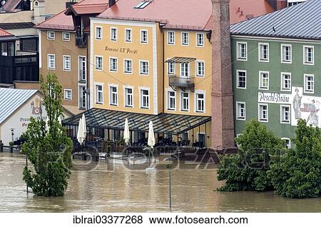 "Flooded Peschl Braeu brewery and restaurant alongside the Danube River during the floods on 3rd June 2013, Passau, Lower Bavaria, Bavaria, Germany, Europe" View Large Photo Image Stock Photo - "Flooded Peschl Braeu brewery and restaurant alongside the Danube River during the floods on 3rd June 2013, Passau, Lower Bavaria, Bavaria, Germany, Europe". Fotosearch