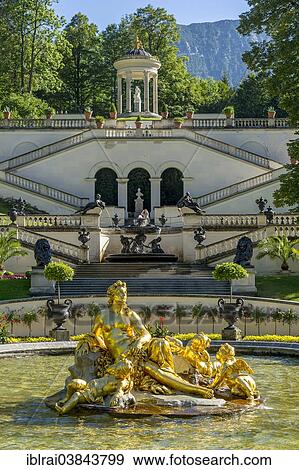 "Flora Fountain surrounded by a water basin, the Venus Temple and terraced gardens at the back, castle grounds, Linderhof Palace, Upper Bavaria, Bavaria, Germany, Europe" View Large Photo Image Stock Photo - "Flora Fountain surrounded by a water basin, the Venus Temple and terraced gardens at the back, castle grounds, Linderhof Palace, Upper Bavaria, Bavaria, Germany, Europe". Fotosearch