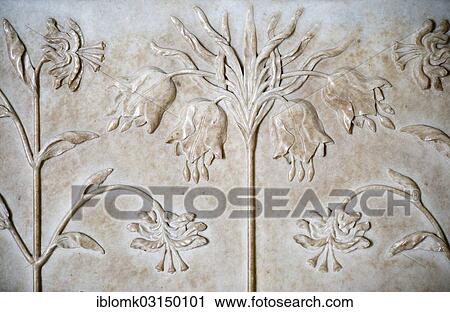 Stock Image - "Flowers, marble relief, Taj Mahal, UNESCO World Cultural Heritage Site, Agra, Uttar Pradesh, India, Asia". Fotosearch