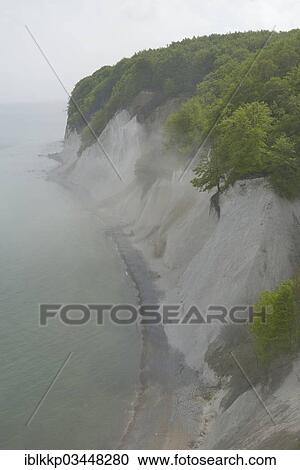 Stock Image - "Fog over the Baltic Sea, steep coast with chalk cliffs, Jasmund National Park, Dranske, Rugen, Mecklenburg-Western Pomerania, Germany, Europe". Fotosearch