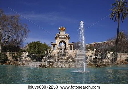 Stock Image - "Font de la Cascada, fountain with waterfall and a water fountain, Parc de la Ciutadella, Barcelona, â€‹â€‹Catalonia, Spain, Europe". Fotosearch