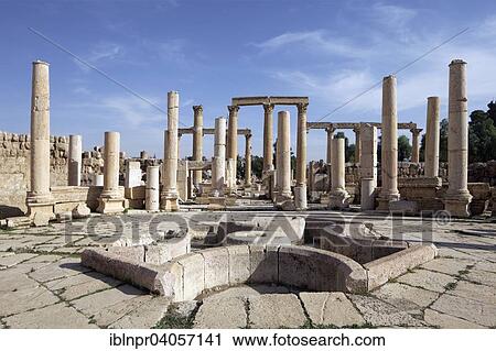 Stock Image - "Food market, Marcellum, ancient Roman city of Jerash, part of the Decapolis, Jerash, Jerash Governorate, Jordan, Asia". Fotosearch