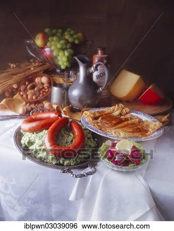 "Food still resembling a Dutch painting, with sausages, pancakes, fruit and cheese" View Large Photo Image Stock Photograph - "Food still resembling a Dutch painting, with sausages, pancakes, fruit and cheese". Fotosearch