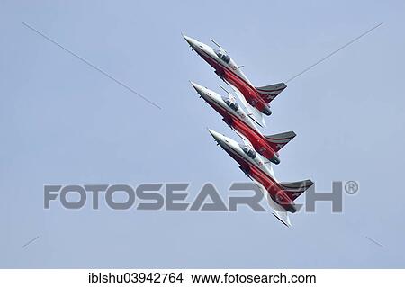 Picture - "Formation flight of the Patrouille Suisse with the Northrop F-5E Tiger II, Lake Festival 2014, Canton Zug, Switzerland, Europe". Fotosearch