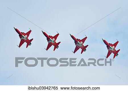 Stock Photography - "Formation flight of the Patrouille Suisse with the Northrop F-5E Tiger II, Lake Festival 2014, Canton Zug, Switzerland, Europe". Fotosearch