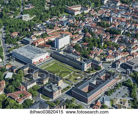 Stock Photography - "Former Gauforum Thuringia of the Nazi Party in Nazi Germany, now the Thuringian State Office of Administration, at the left, the Hall of the National Community, now the Atrium shopping center, Aerial View, Weimar, Thuringia, Germany, Europe". Fotosearch