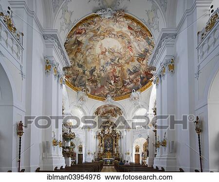 Stock Photograph - "Former monastery church with ceiling frescoes by Matthaus Gunther and the high altar by Ignaz Gunther, Church of St. Marinus and Anianus, Rott am Inn, Upper Bavaria, Bavaria, Germany, Europe". Fotosearch