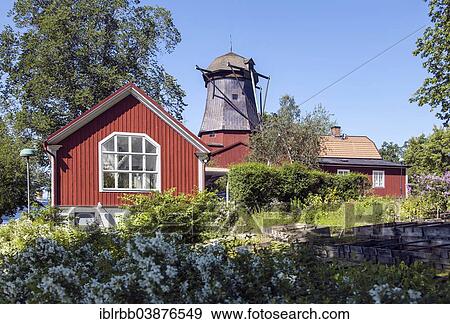 Stock Photo - "Former oil mill, windmill, on the Waldemarsudde peninsula, Waldemarsuddes oljekvarn, island of Djurgarden, Stockholm, Stockholms lan or Stockholm County, Sweden, Europe". Fotosearch