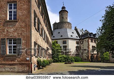 Stock Photo - "Former Staufen moated castle, 12th century, castle and residence Ysenburg with keep, outer bailey, Barbarossa Square, old town, Budingen, Hesse, Germany, Europe". Fotosearch