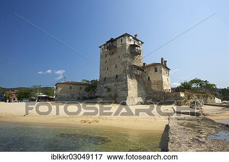"Fortified tower on the beach, Ouranopoli, Athos, Chalkidiki, Greece, Europe" View Large Photo Image Stock Photo - "Fortified tower on the beach, Ouranopoli, Athos, Chalkidiki, Greece, Europe". Fotosearch