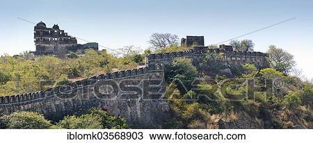 Stock Image - "Fortified wall and ruins of a palace complex, Chittorgarh Fort, Chittorgarh, Rajasthan, India, Asia". Fotosearch