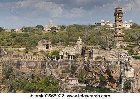 Stock Image - "Fortified wall, Chittorgarh Fort of the Hindu Rajput princes with a temple complex and Vijaya Stambha, a victory tower built during the reign of Rana Kumbha, Chittorgarh, Rajasthan, India, Asia". Fotosearch