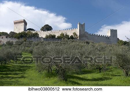 Stock Image - "Fortress wall and towers, Castello del Leone, 1247, Castiglione del Lago, Umbria, Italy, Europe". Fotosearch