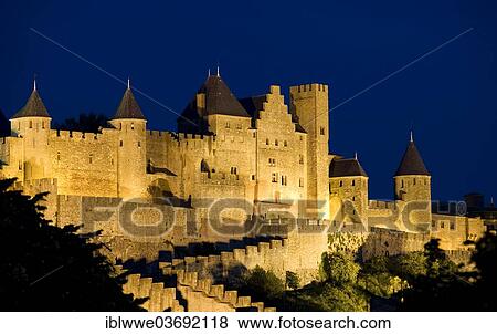 Stock Photo - "Fortress with watch towers, Carcassonne, Languedoc-Roussillon, Departement Aude, France, Europe". Fotosearch