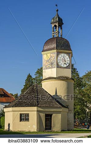 Stock Photo - "Fountain and Clock Tower, 6th castle yard, Burghausen Castle, Upper Bavaria, Bavaria, Germany, Europe". Fotosearch