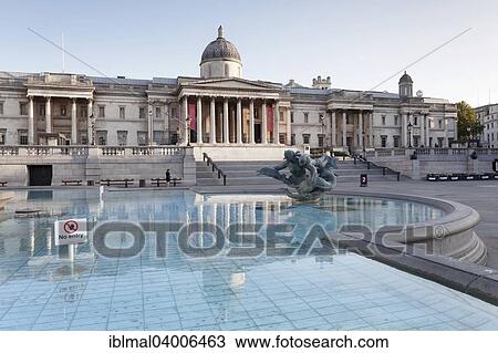 Stock Image - "Fountain and the National Gallery, Trafalgar Square, London, England, United Kingdom, Europe". Fotosearch