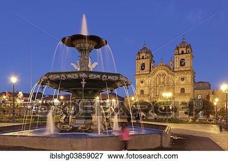 "Fountain in front of Iglesia La Compania de Jesus Church, Plaza Mayor, Cusco Province, Peru, South America" View Large Photo Image Stock Photo - "Fountain in front of Iglesia La Compania de Jesus Church, Plaza Mayor, Cusco Province, Peru, South America". Fotosearch