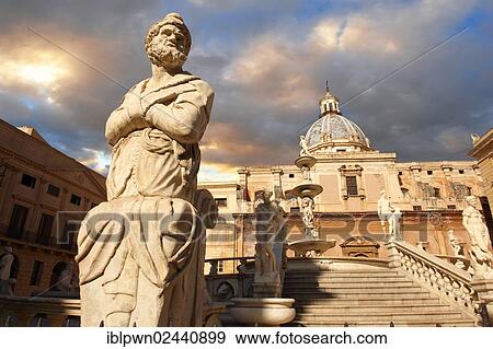 Stock Photo - "Fountain of Piazza Pretoria by Florentine Mannerist sculptor Francesco Camilliani, 1554 - 1555, Palermo, Sicily, Italy, Europe". Fotosearch
