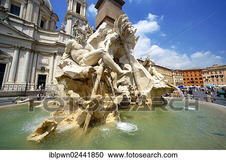 Stock Image - "Fountain of the Four Rivers, Fontana dei Quattro Fiumi, by Bernini, Piazza Navona, Rome, Italy, Europe". Fotosearch