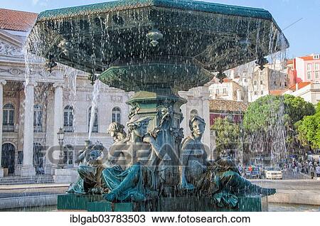 Stock Image - "Fountain, Rossio Square, Baixa, Lisbon, Portugal, Europe". Fotosearch