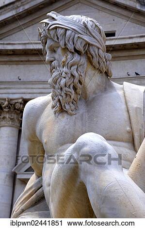 Stock Image - "Fountain sculpture, Fountain of the Four Rivers, Fontana dei Quattro Fiumi, by Bernini, Piazza Navona, Rome, Italy, Europe". Fotosearch