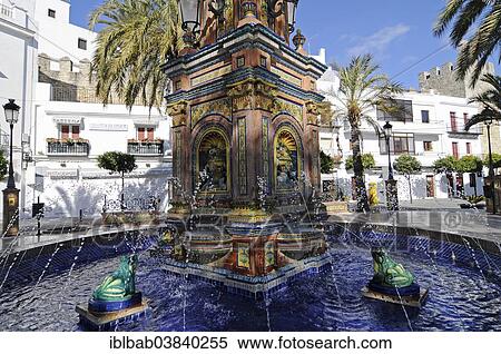 "Fountain with azulejos, Plaza de Espana square, Vejer de la Frontera, Cadiz Province, Costa de la Luz, Andalusia, Spain, Europe" View Large Photo Image Stock Photography - "Fountain with azulejos, Plaza de Espana square, Vejer de la Frontera, Cadiz Province, Costa de la Luz, Andalusia, Spain, Europe". Fotosearch
