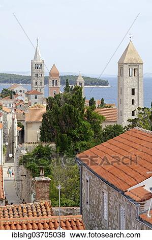 Stock Photo - "Four church steeples, Rab, Rab, Primorje-Gorski Kotar, Croatia, Europe". Fotosearch